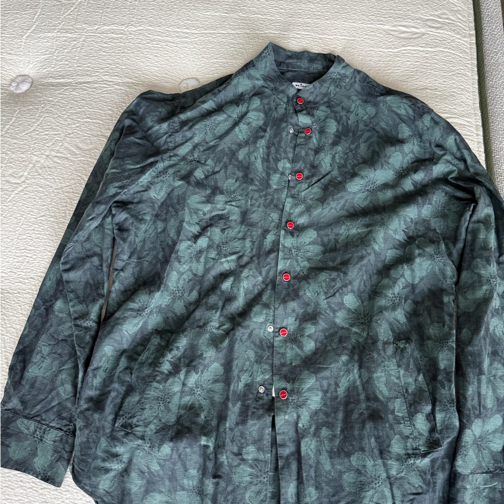 Kiton Green Dress Shirt with Red Buttons